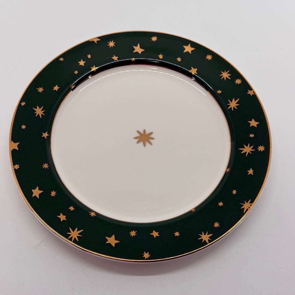Sakura Galaxy Salad Plate Green Gold Stars 14K Gold Rim Christmas 8.5" READ